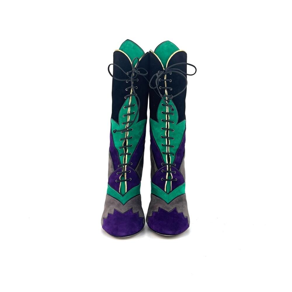 Miu Miu SS2016 Suede Patchwork Colorblock Crystal Embellished High Heel Boots 40 - Picture 6 of 10